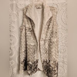 Cover Charge womens long open front soft fuzzy vest L w/artsy "newspaper" print